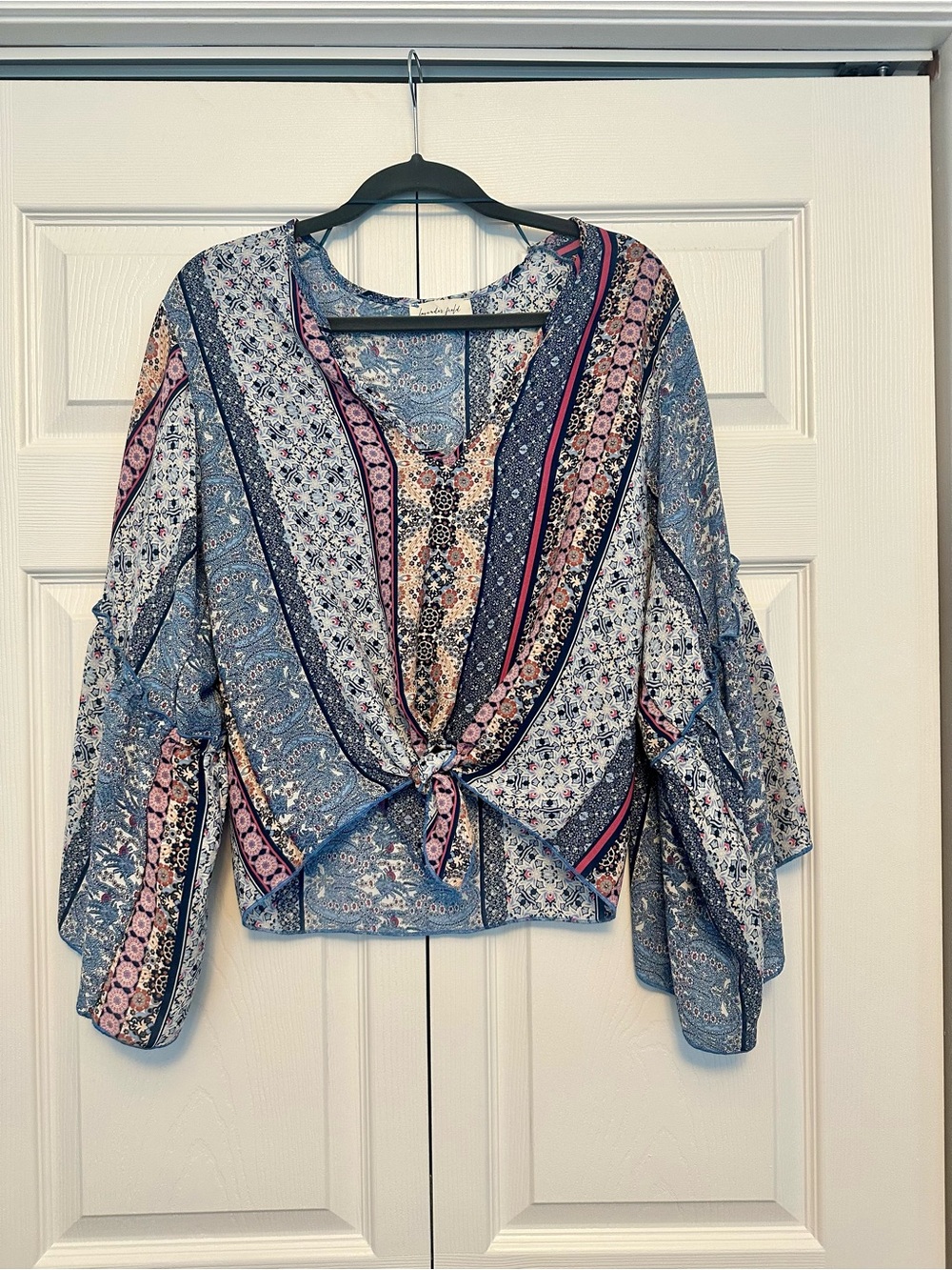 lavender field Blue Multi-Print Tie-Front Boho Blouse